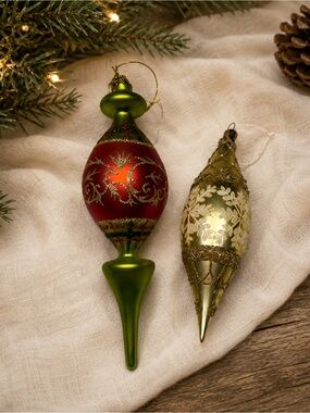 Two Glass Blown Red & Green Christmas Tree Ornaments